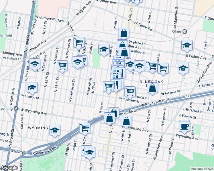 map of restaurants, bars, coffee shops, grocery stores, and more near 4953 North 6th Street in Philadelphia