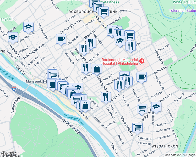 map of restaurants, bars, coffee shops, grocery stores, and more near 309 Roxborough Avenue in Philadelphia