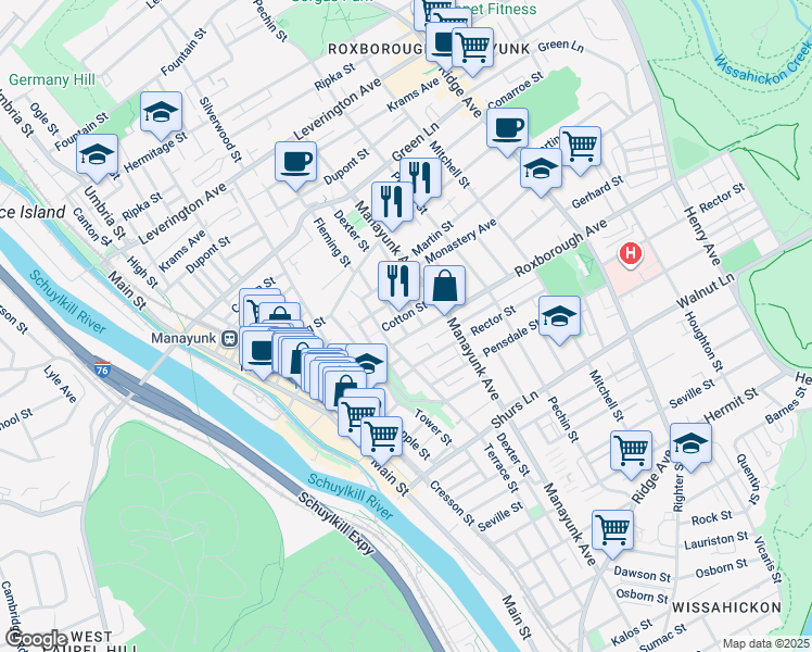 map of restaurants, bars, coffee shops, grocery stores, and more near 4309 Fleming Street in Philadelphia