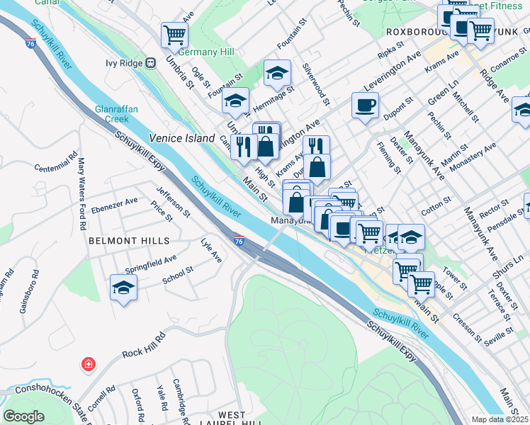 map of restaurants, bars, coffee shops, grocery stores, and more near 106 Green Lane in Philadelphia