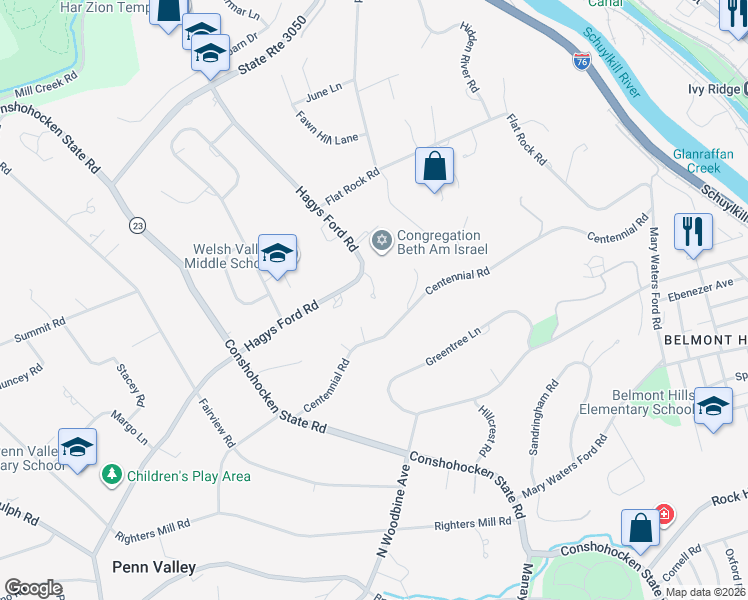 map of restaurants, bars, coffee shops, grocery stores, and more near 1231 Hagys Ford Road in Penn Valley