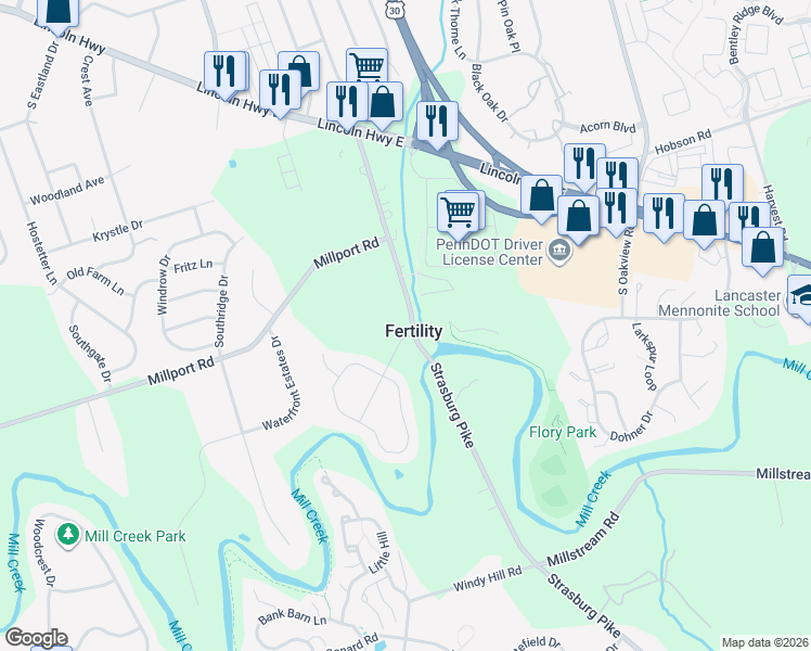 map of restaurants, bars, coffee shops, grocery stores, and more near 101 Heritage Road in Lancaster
