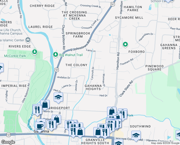map of restaurants, bars, coffee shops, grocery stores, and more near 381 Lyncroft Drive in Columbus