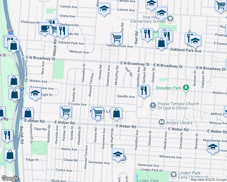 map of restaurants, bars, coffee shops, grocery stores, and more near 3017 Mcguffey Road in Columbus