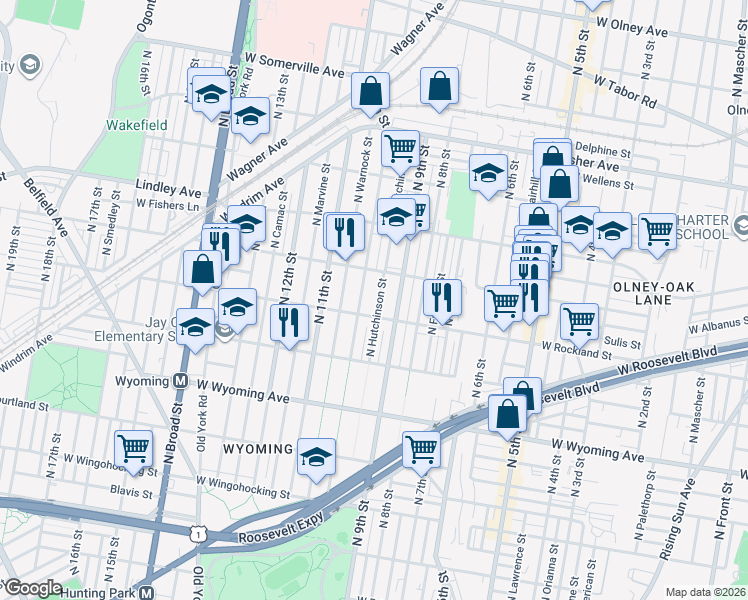map of restaurants, bars, coffee shops, grocery stores, and more near 4936 North Hutchinson Street in Philadelphia