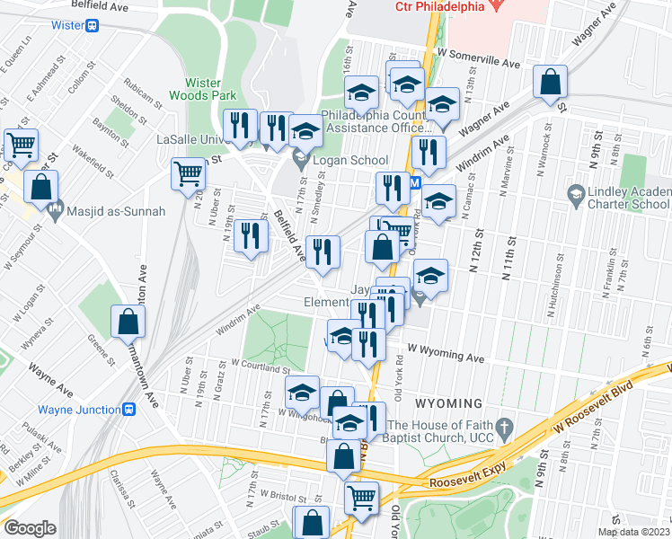 map of restaurants, bars, coffee shops, grocery stores, and more near 4828 North Sydenham Street in Philadelphia