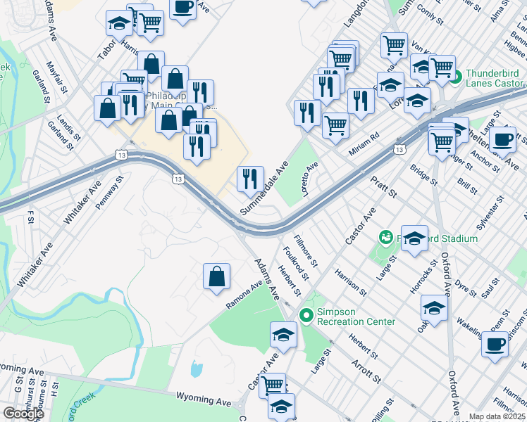 map of restaurants, bars, coffee shops, grocery stores, and more near 4811 Fillmore Terrace in Philadelphia