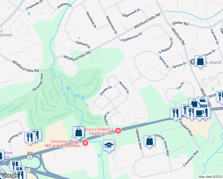 map of restaurants, bars, coffee shops, grocery stores, and more near 543 Pewter Drive in Exton
