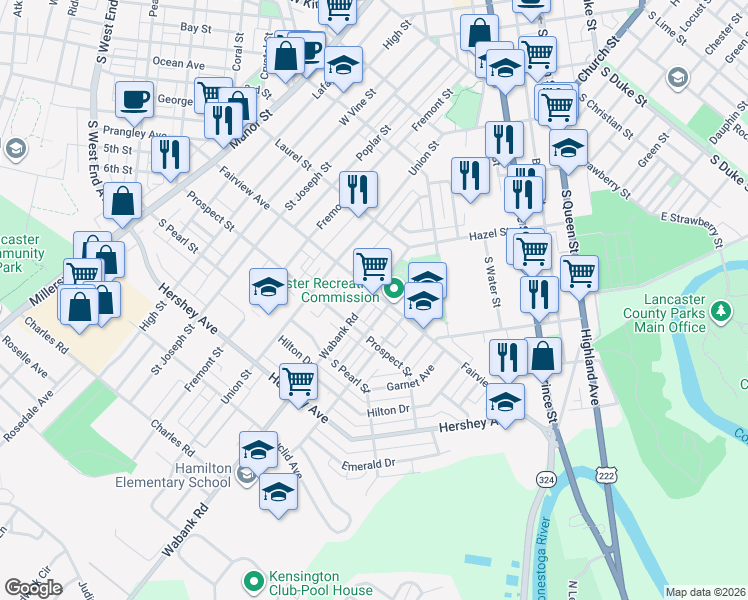 map of restaurants, bars, coffee shops, grocery stores, and more near 457 Fairview Avenue in Lancaster