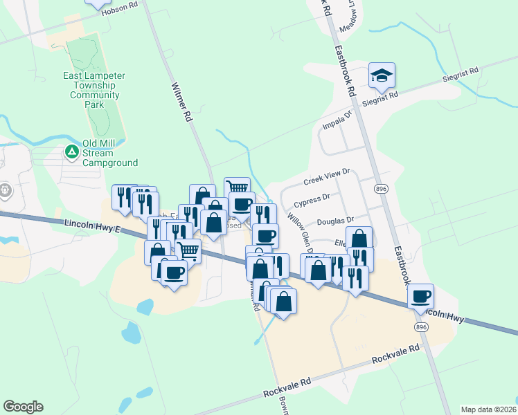 map of restaurants, bars, coffee shops, grocery stores, and more near 2395 Covered Bridge Drive in Lancaster