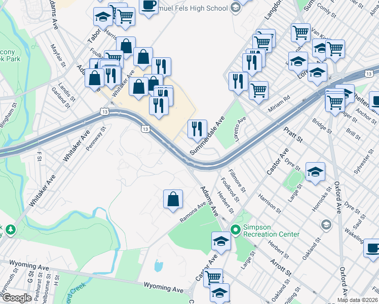 map of restaurants, bars, coffee shops, grocery stores, and more near 4724 Roosevelt Boulevard in Philadelphia