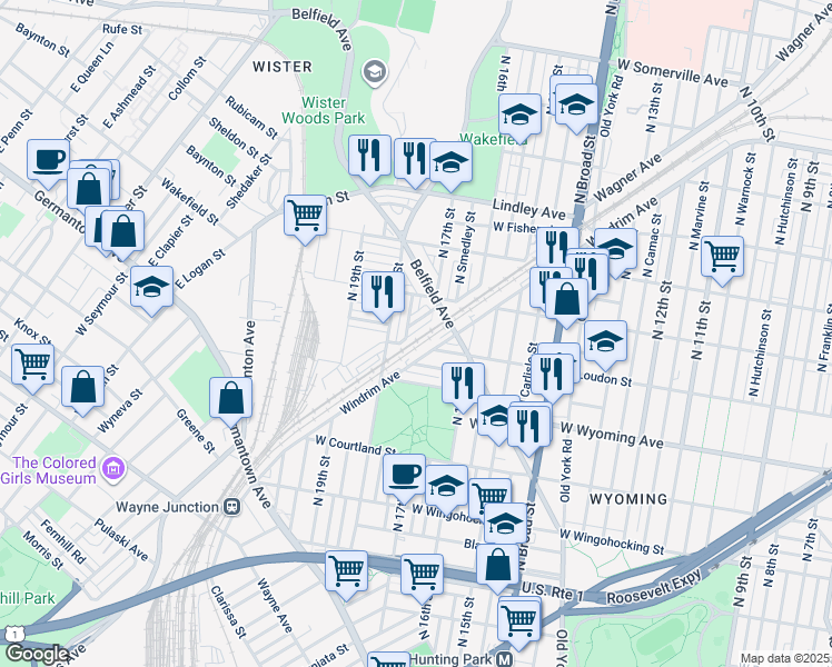map of restaurants, bars, coffee shops, grocery stores, and more near 1617 W Mentor St in Philadelphia