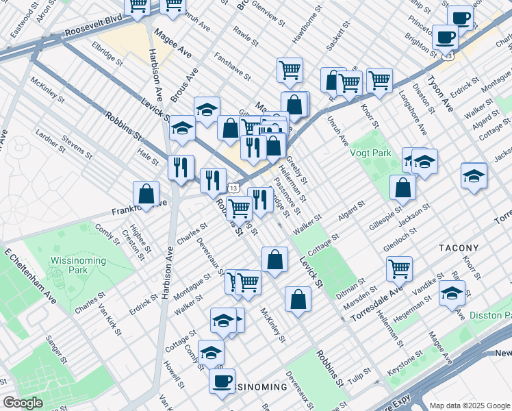 map of restaurants, bars, coffee shops, grocery stores, and more near 4119 Levick Street in Philadelphia