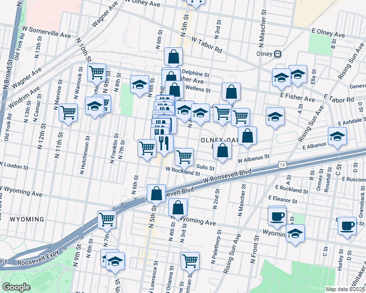 map of restaurants, bars, coffee shops, grocery stores, and more near 5015 North 4th Street in Philadelphia