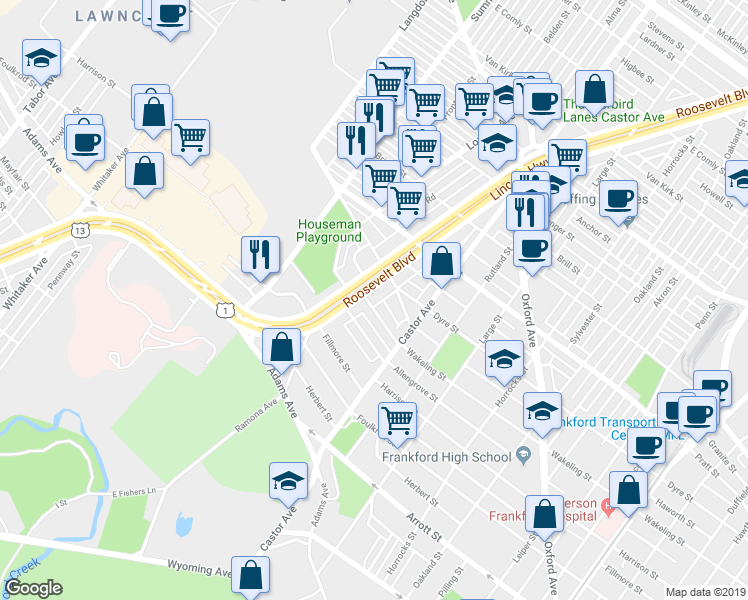 map of restaurants, bars, coffee shops, grocery stores, and more near 5003 Roosevelt Boulevard in Philadelphia