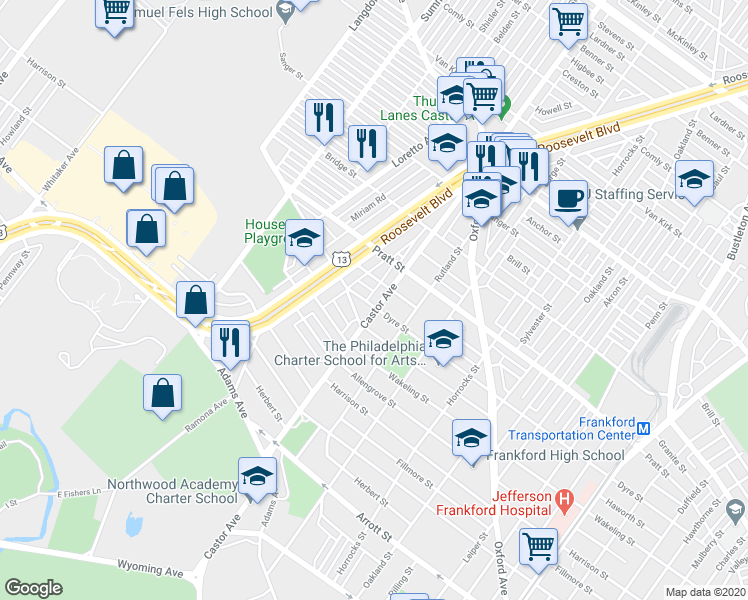 map of restaurants, bars, coffee shops, grocery stores, and more near 5116 Castor Avenue in Philadelphia