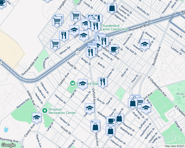 map of restaurants, bars, coffee shops, grocery stores, and more near 5239 Oxford Avenue in Philadelphia