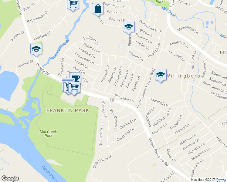 map of restaurants, bars, coffee shops, grocery stores, and more near 6 Princeton Lane in Willingboro