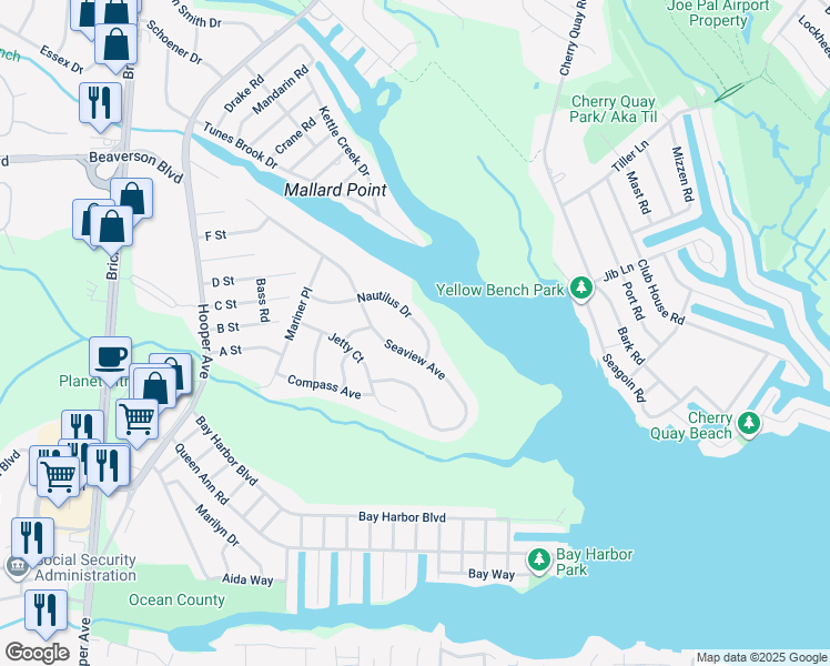 map of restaurants, bars, coffee shops, grocery stores, and more near 54 Nautilus Drive in Brick Township