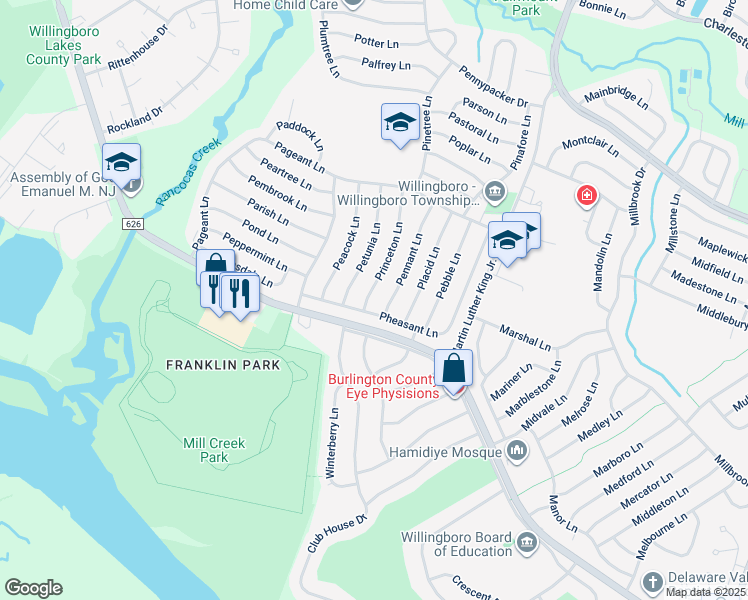 map of restaurants, bars, coffee shops, grocery stores, and more near 6 Princeton Lane in Willingboro