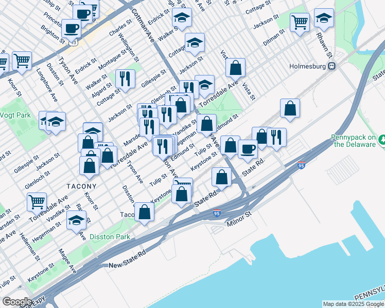 map of restaurants, bars, coffee shops, grocery stores, and more near 7154 Tulip Street in Philadelphia