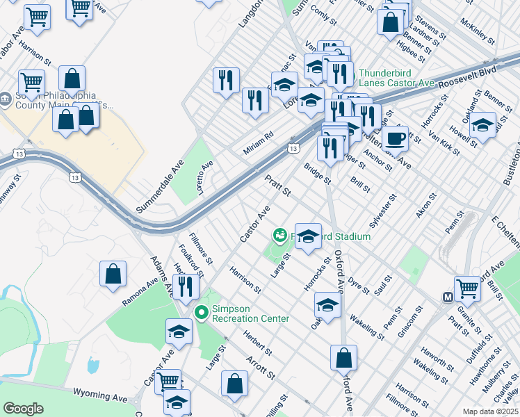 map of restaurants, bars, coffee shops, grocery stores, and more near 5116 Castor Avenue in Philadelphia