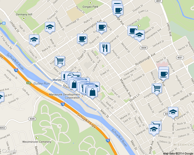 map of restaurants, bars, coffee shops, grocery stores, and more near 4321 Boone St in Philadelphia