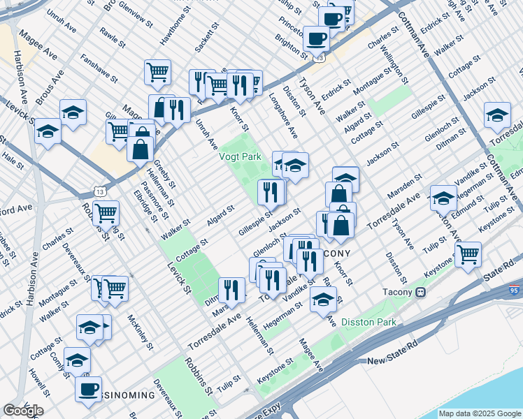 map of restaurants, bars, coffee shops, grocery stores, and more near 4405 Unruh Avenue in Philadelphia