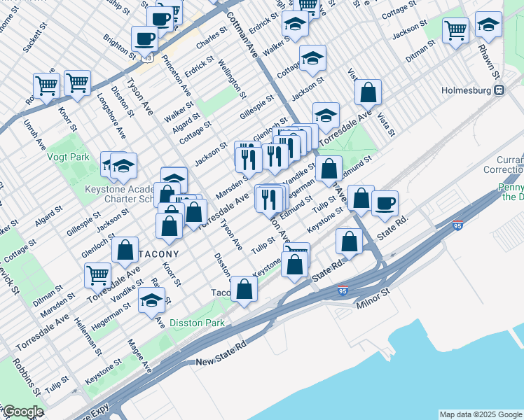 map of restaurants, bars, coffee shops, grocery stores, and more near 4730 Princeton Avenue in Philadelphia