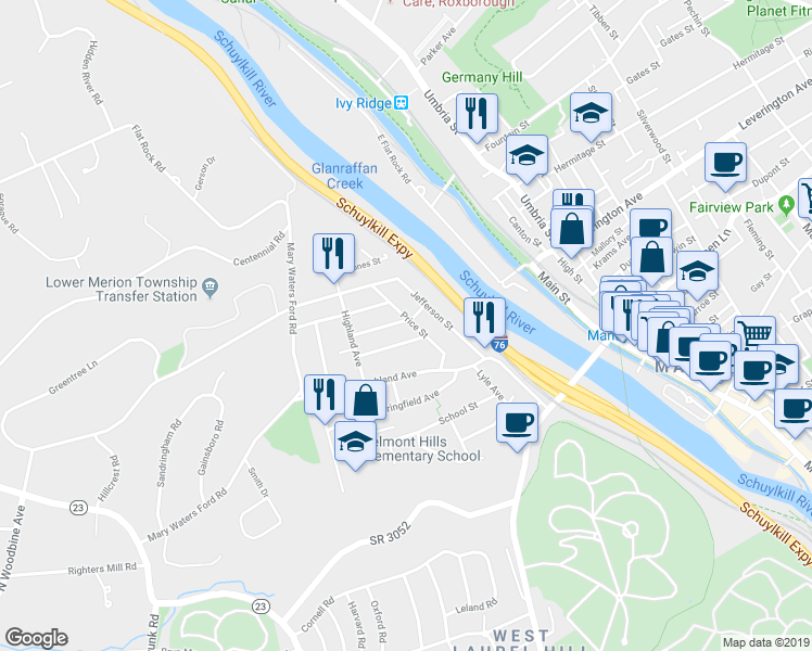 map of restaurants, bars, coffee shops, grocery stores, and more near 104 Rockland Avenue in Bala Cynwyd