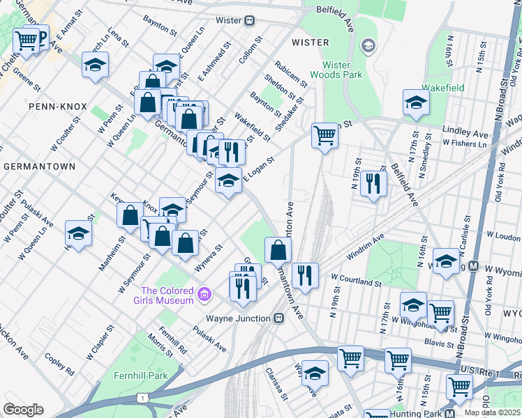 map of restaurants, bars, coffee shops, grocery stores, and more near Germantown Ave & W Wyneva St in Philadelphia