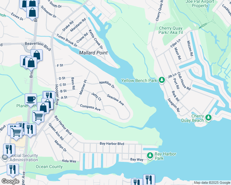 map of restaurants, bars, coffee shops, grocery stores, and more near 54 Nautilus Drive in Brick Township
