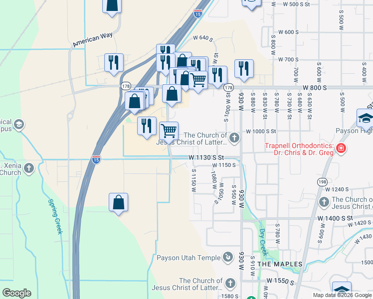 map of restaurants, bars, coffee shops, grocery stores, and more near 1183 West 1050 South in Payson