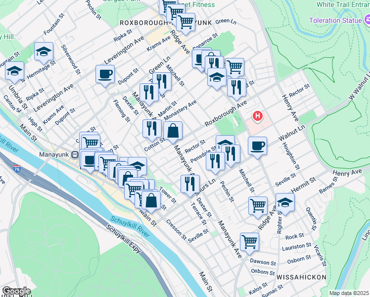 map of restaurants, bars, coffee shops, grocery stores, and more near 318 Rector Street in Philadelphia