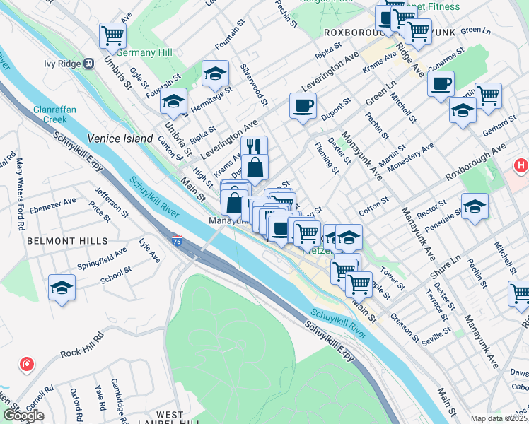 map of restaurants, bars, coffee shops, grocery stores, and more near 4419 Baker Street in Philadelphia