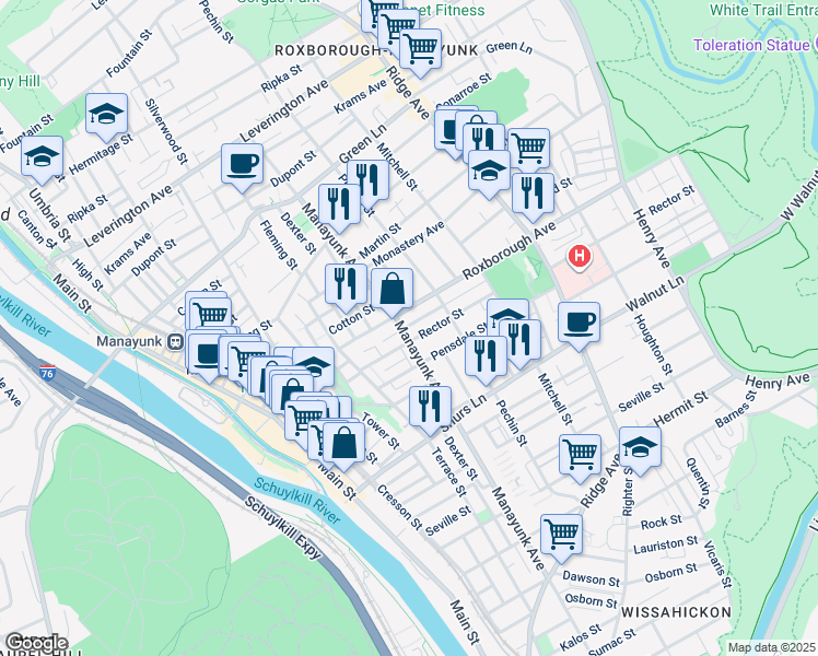 map of restaurants, bars, coffee shops, grocery stores, and more near 4235 Manayunk Avenue in Philadelphia