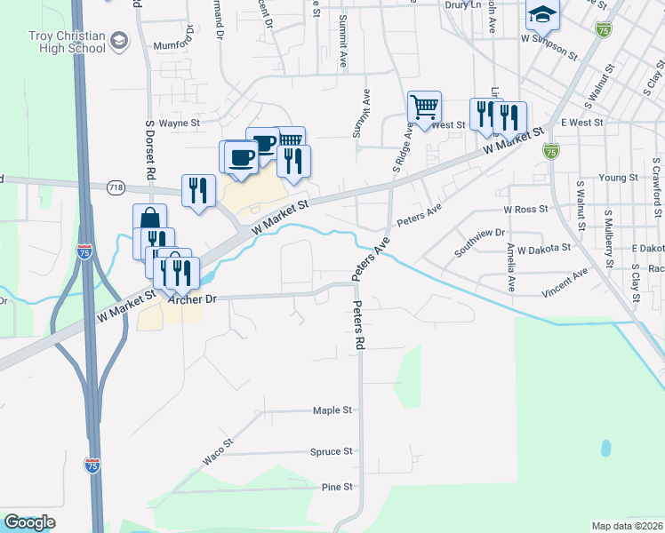 map of restaurants, bars, coffee shops, grocery stores, and more near 1210 High Street in Troy