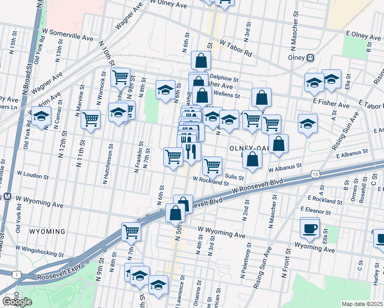 map of restaurants, bars, coffee shops, grocery stores, and more near N 5th St & W Ruscomb St in Philadelphia