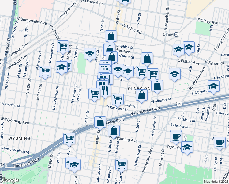 map of restaurants, bars, coffee shops, grocery stores, and more near 417 West Ruscomb Street in Philadelphia