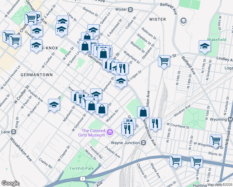 map of restaurants, bars, coffee shops, grocery stores, and more near 45 West Logan Street in Philadelphia