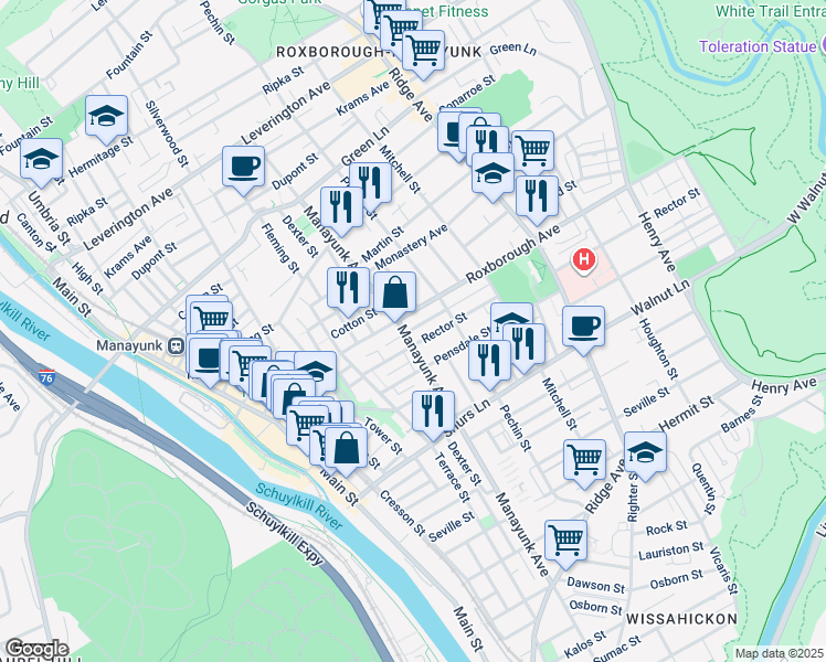 map of restaurants, bars, coffee shops, grocery stores, and more near 4235 Manayunk Avenue in Philadelphia