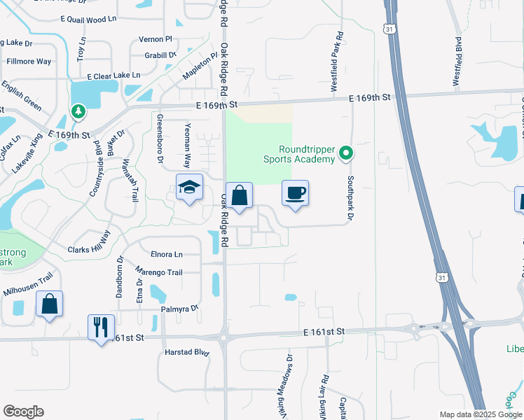 map of restaurants, bars, coffee shops, grocery stores, and more near 16381 Meadowlands Lane in Westfield