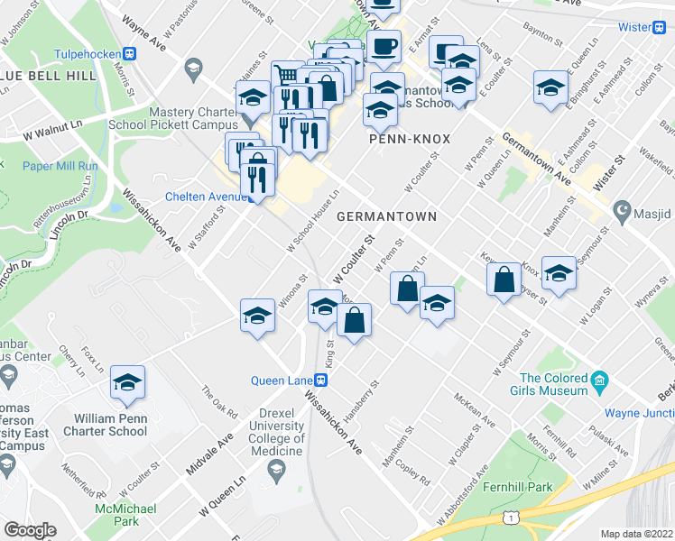 map of restaurants, bars, coffee shops, grocery stores, and more near 320 W Earlham Terrace in Philadelphia
