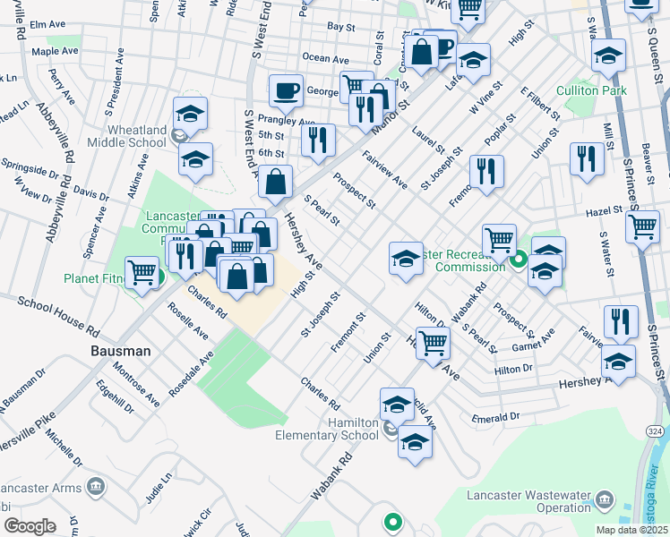 map of restaurants, bars, coffee shops, grocery stores, and more near 121 Hershey Avenue in Lancaster