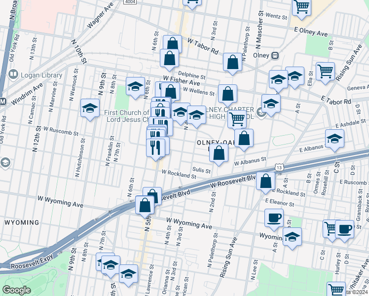 map of restaurants, bars, coffee shops, grocery stores, and more near 5009 North 4th Street in Philadelphia