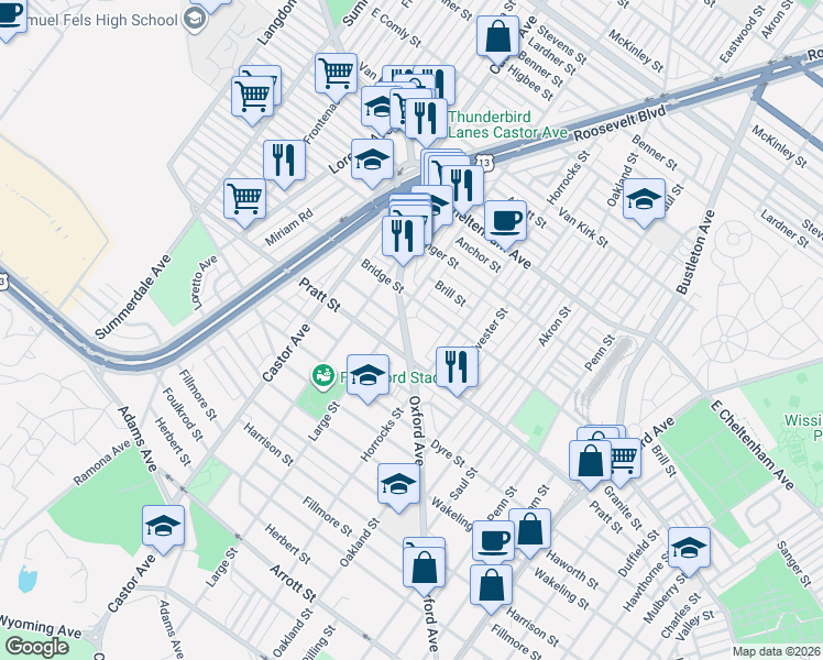 map of restaurants, bars, coffee shops, grocery stores, and more near 5241 Oxford Avenue in Philadelphia