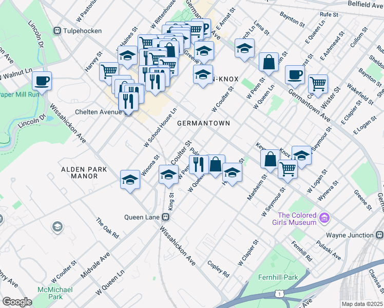 map of restaurants, bars, coffee shops, grocery stores, and more near 5352 Pulaski Ave in Philadelphia