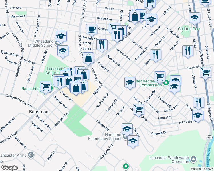 map of restaurants, bars, coffee shops, grocery stores, and more near 121 Hershey Avenue in Lancaster