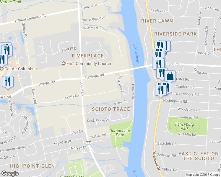 map of restaurants, bars, coffee shops, grocery stores, and more near 3140 Polley Road in Columbus