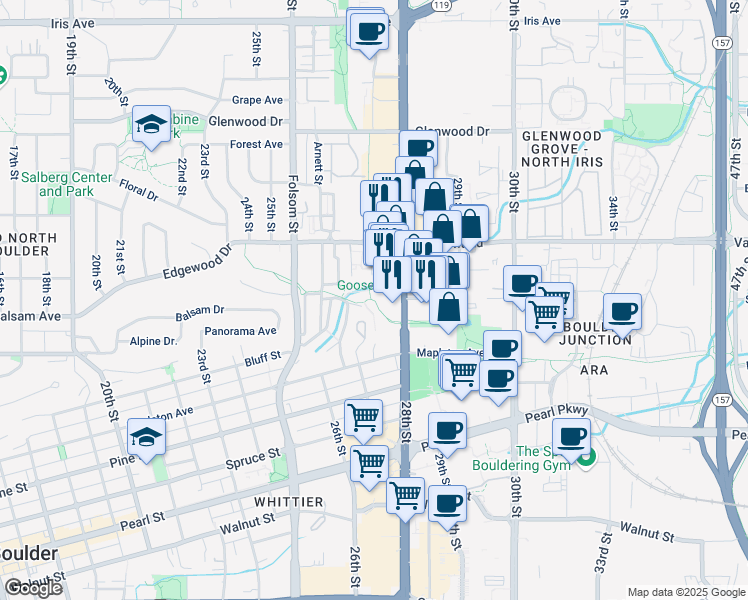 map of restaurants, bars, coffee shops, grocery stores, and more near 2765 28th Street in Boulder
